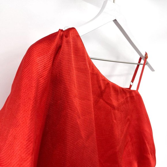SOLD Calvin Klein Red Satin Roman Shoulder Party Dress - Picture 3 of 10